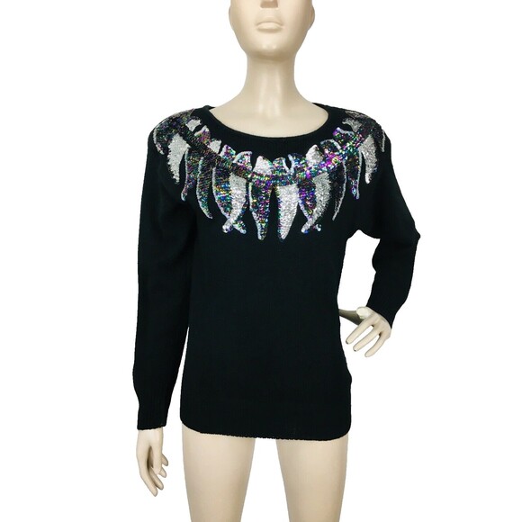 Vintage 80s De Rotchild Silk Angora Sequined Feathers Pullover Sweater Medium - Picture 8 of 9